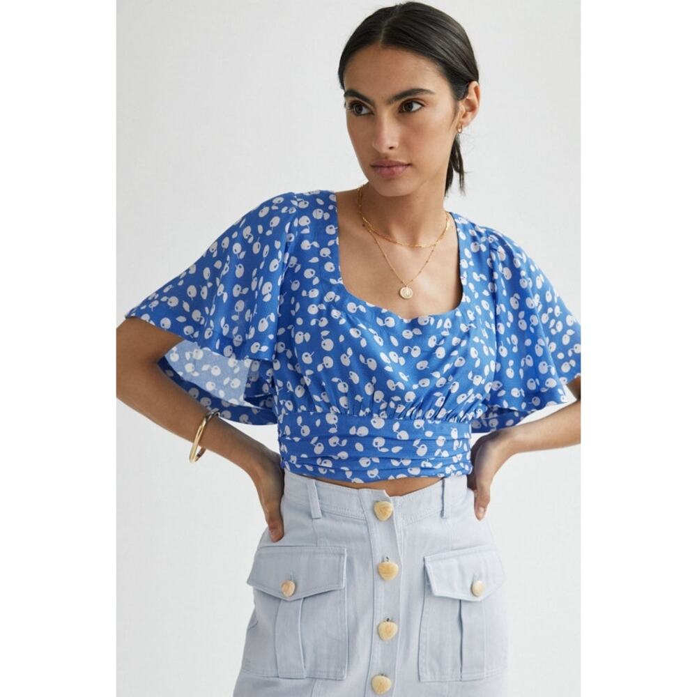 Anthropologie Women's Cherry Pirnt Tie-Back Crop Blouse Top Blue/White Size 3X